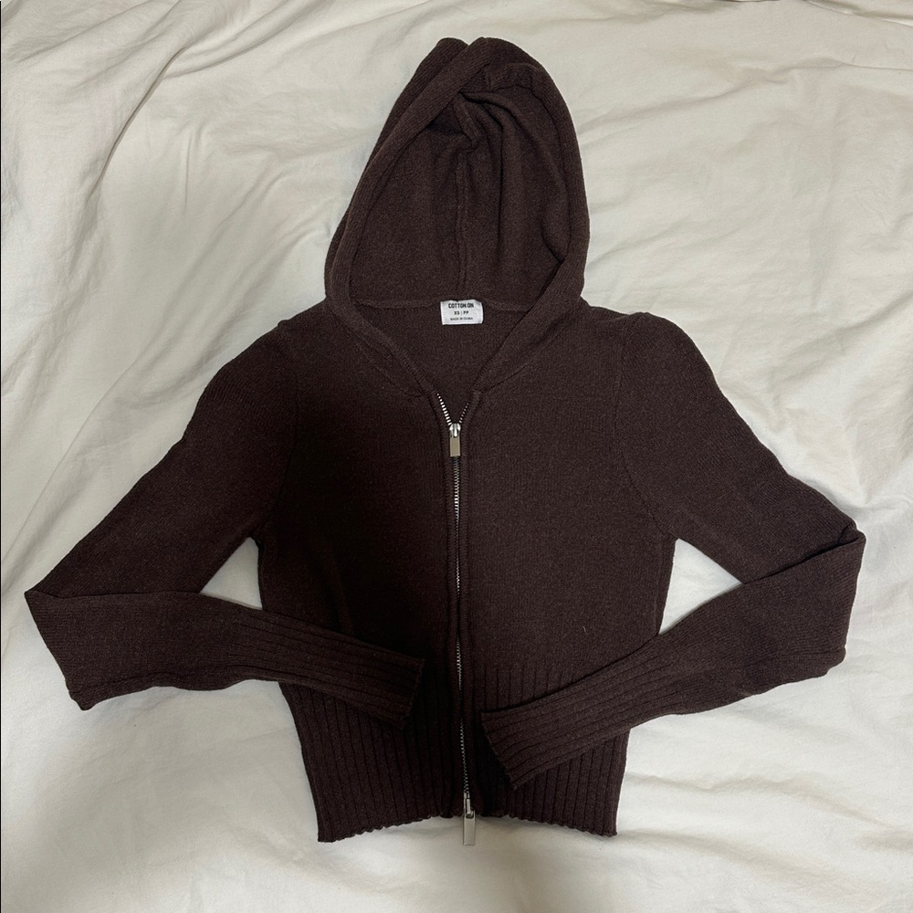 Cotton On brown double-zip knit hoodie sweater